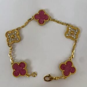5 Clover Charm Bracelet for Women, Natural Red Agate & White Mother of Pearl Luxury Lucky Motif Chain Jewelry